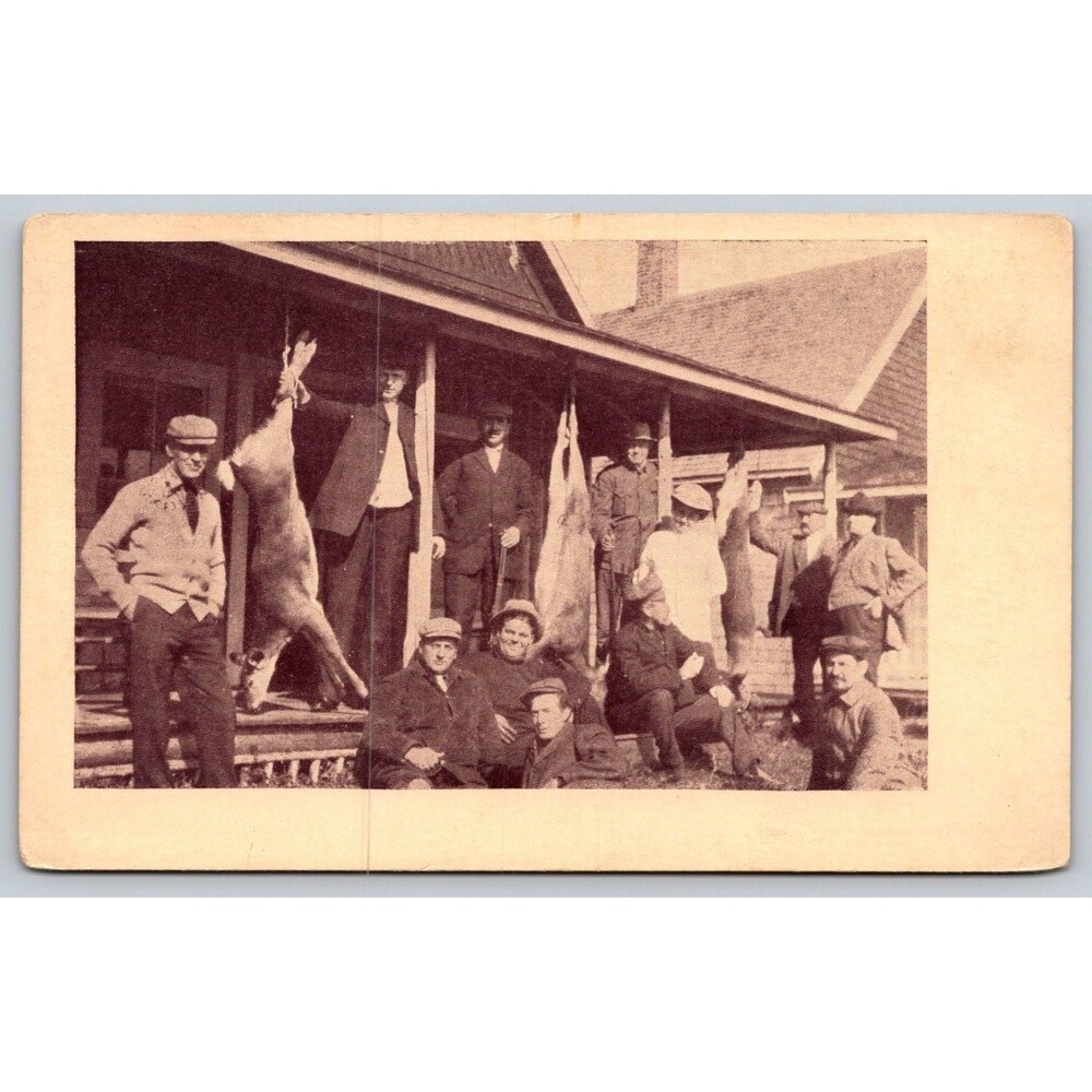 Antique Divided Back Postcard c1910s Hunting Party Deer Harvest Cabin Porch